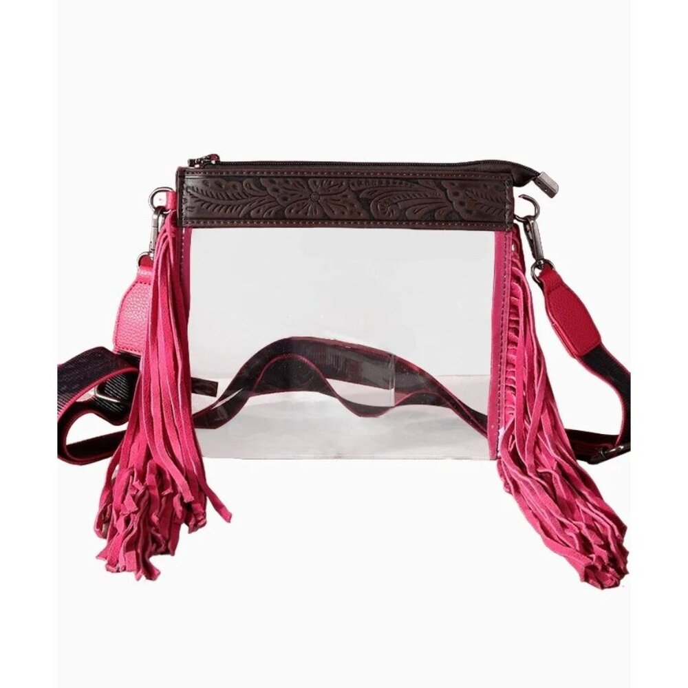 Montana West Women's Fringe Clear Stadium Crossbody Bag pink/brown